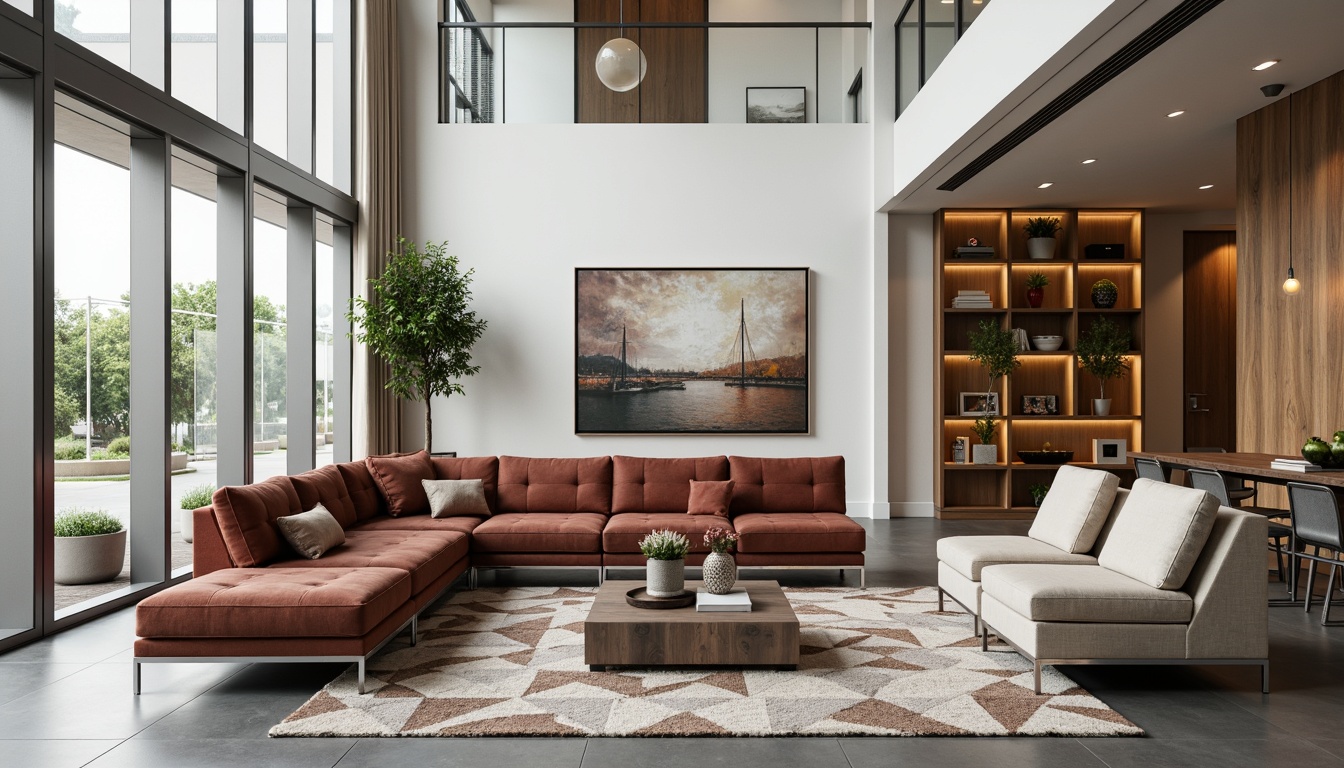 Prompt: Modern great room, high ceilings, large windows, natural light, sleek lines, minimalist decor, low-profile sofas, tufted velvet upholstery, polished chrome legs, geometric-patterned rugs, wooden accent walls, floor-to-ceiling shelving, metallic coffee tables, ambient floor lamps, pendant lighting fixtures, neutral color palette, comfortable sectionals, oversized armchairs, abstract artwork, greenery arrangements, soft warm glow, 1/1 composition, realistic textures, subtle reflections.