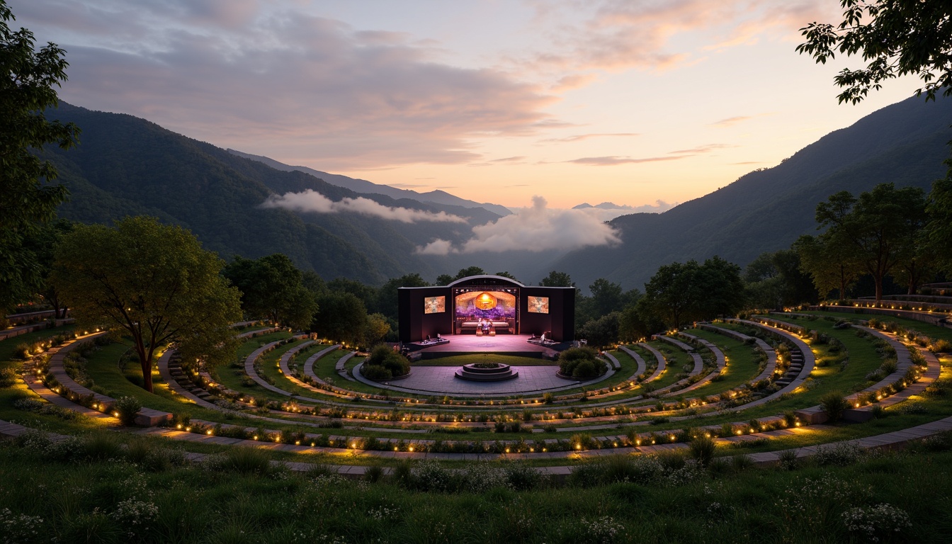 Prompt: Natural amphitheater, lush green hills, tiered seating, warm sunny day, soft diffused lighting, gentle shadows, atmospheric mist, dramatic sunsets, twinkling string lights, subtle uplighting, accentuated stage lighting, LED strip illumination, dynamic color changing effects, gradual daylight transition, nighttime ambient glow, 3/4 composition, panoramic view, realistic textures, ambient occlusion.