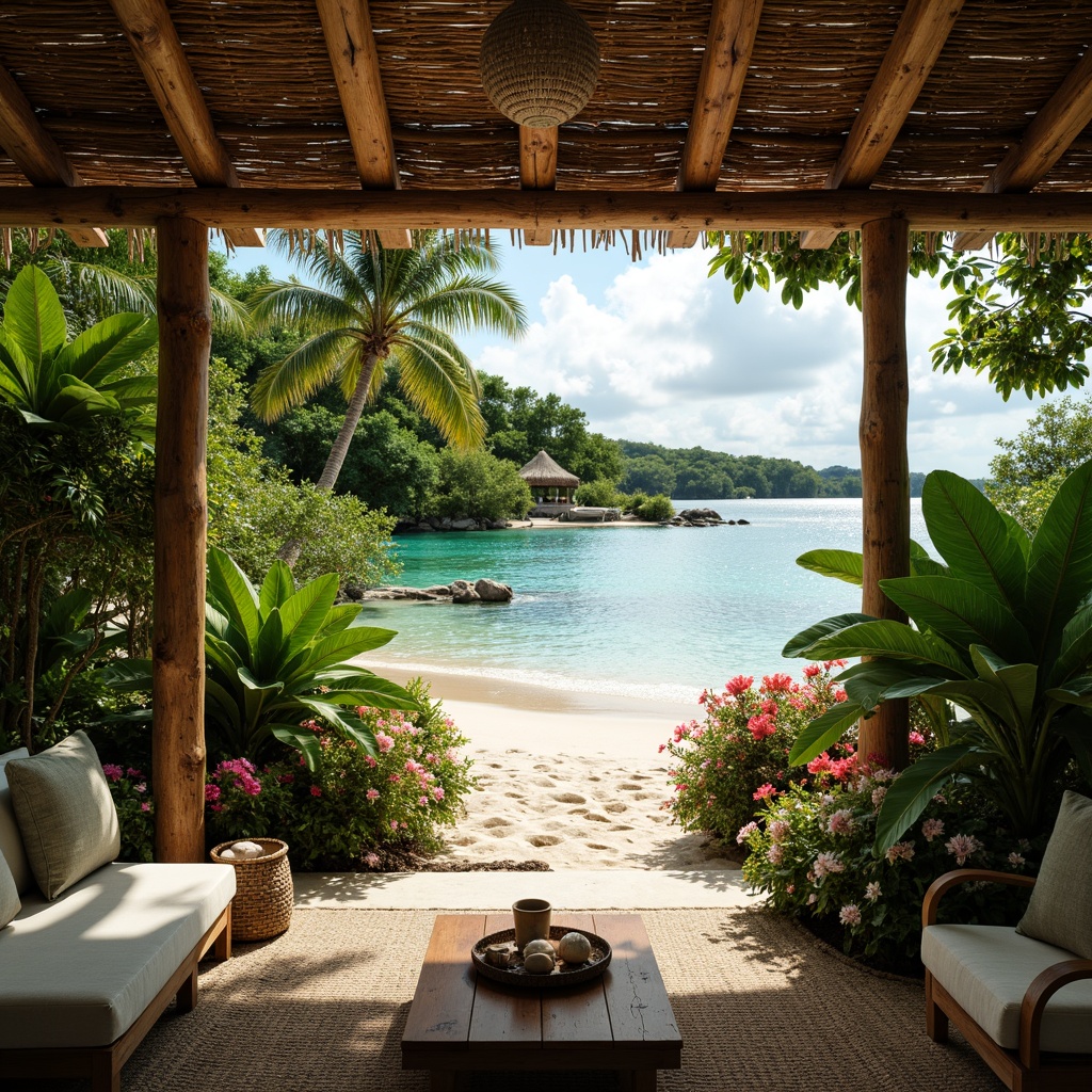 Prompt: Tropical oasis, lush greenery, exotic flowers, warm sandy beach, crystal-clear turquoise water, rustic wooden accents, natural woven fibers, vibrant coral hues, soft misty lighting, shallow depth of field, 1/2 composition, intimate atmosphere, realistic textures, ambient occlusion, rattan furniture, linen fabrics, seashell decorations, palm tree silhouettes.