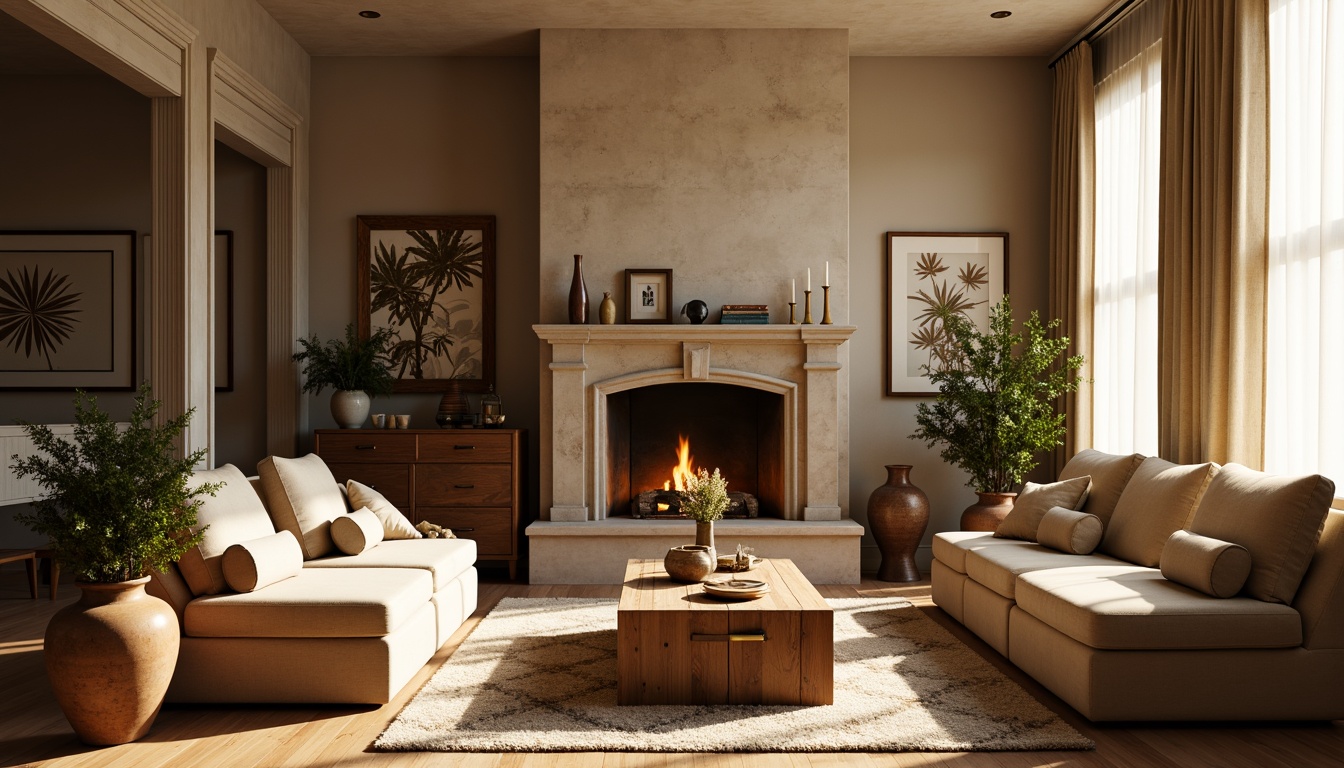 Prompt: Cozy living room, warm beige walls, rich walnut wood furniture, soft velvet upholstery, golden metal accents, plush area rugs, natural stone fireplace, earthy terracotta vases, lush greenery, calming atmosphere, warm ambient lighting, 1/1 composition, shallow depth of field, realistic textures.