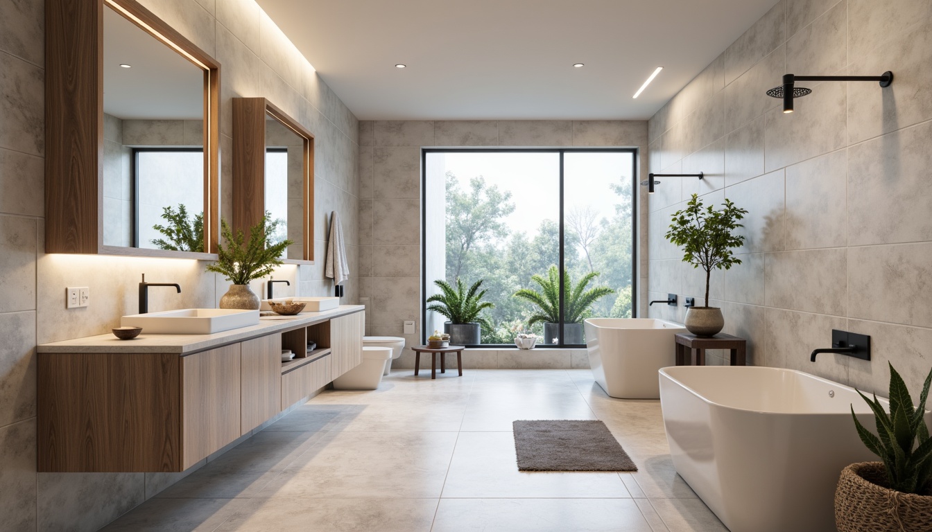 Prompt: Modern bathroom, sleek fixtures, minimalistic decor, functional layout, ample storage, wall-mounted cabinets, LED lighting, natural stone countertops, large mirrors, freestanding tubs, rain showerheads, handheld showerheads, heated floors, ambient lighting, soft pastel colors, 1/2 composition, shallow depth of field, realistic textures.