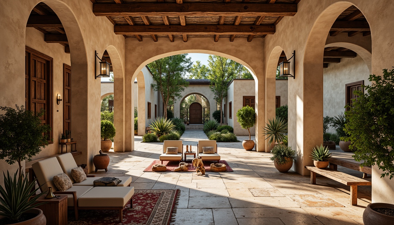 Prompt: Warm Mediterranean villa, rustic stone walls, ornate archways, tranquil courtyard, lush greenery, terra cotta pots, glazed ceramic tiles, distressed wood accents, natural fiber rugs, soft warm lighting, earthy color palette, worn wooden shutters, faded stucco exteriors, aged bronze hardware, weathered stone floors, mosaic tile patterns, Moroccan-inspired geometric designs.