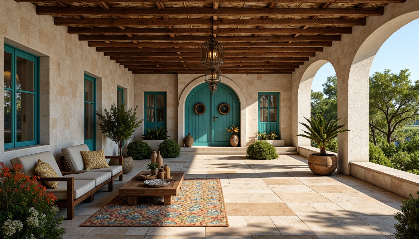 Prompt: Vibrant Mediterranean villa, rustic stone walls, turquoise accents, ornate wooden doors, colorful ceramic tiles, lush greenery, blooming flowers, warm sunny day, soft natural lighting, shallow depth of field, 3/4 composition, panoramic view, realistic textures, ambient occlusion, intricately patterned fabrics, woven baskets, distressed wood furniture, earthy color palette, organic shapes, flowing drapery, ornate metalwork, Arabic-inspired motifs.