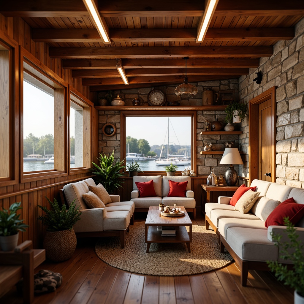 Prompt: Warm boathouse interior, wooden accents, nautical decorations, soft warm lighting, table lamps, floor lamps, pendant lights, LED strips, cozy atmosphere, rustic wood tones, natural stone walls, comfy furnishings, plush throw pillows, woven baskets, vintage marine artifacts, sunny day, shallow depth of field, 3/4 composition, panoramic view, realistic textures, ambient occlusion.