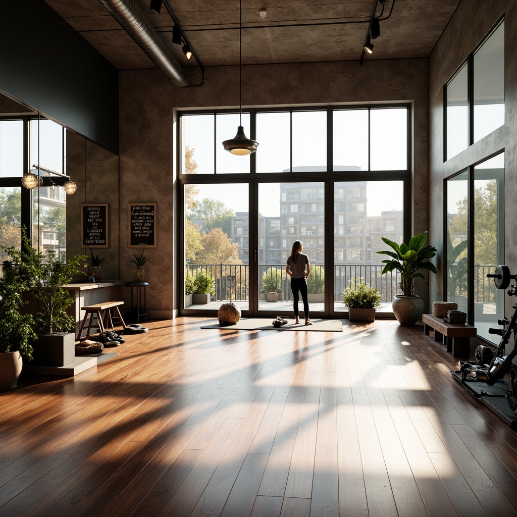 Prompt: Minimalist home gym, open floor plan, mirrored walls, polished hardwood floors, natural light pouring in, large windows, sliding glass doors, modern fitness equipment, free weights, exercise machines, yoga mats, inspirational quotes, industrial metal beams, high ceilings, urban loft ambiance, soft warm lighting, shallow depth of field, 3/4 composition, panoramic view, realistic textures, ambient occlusion.