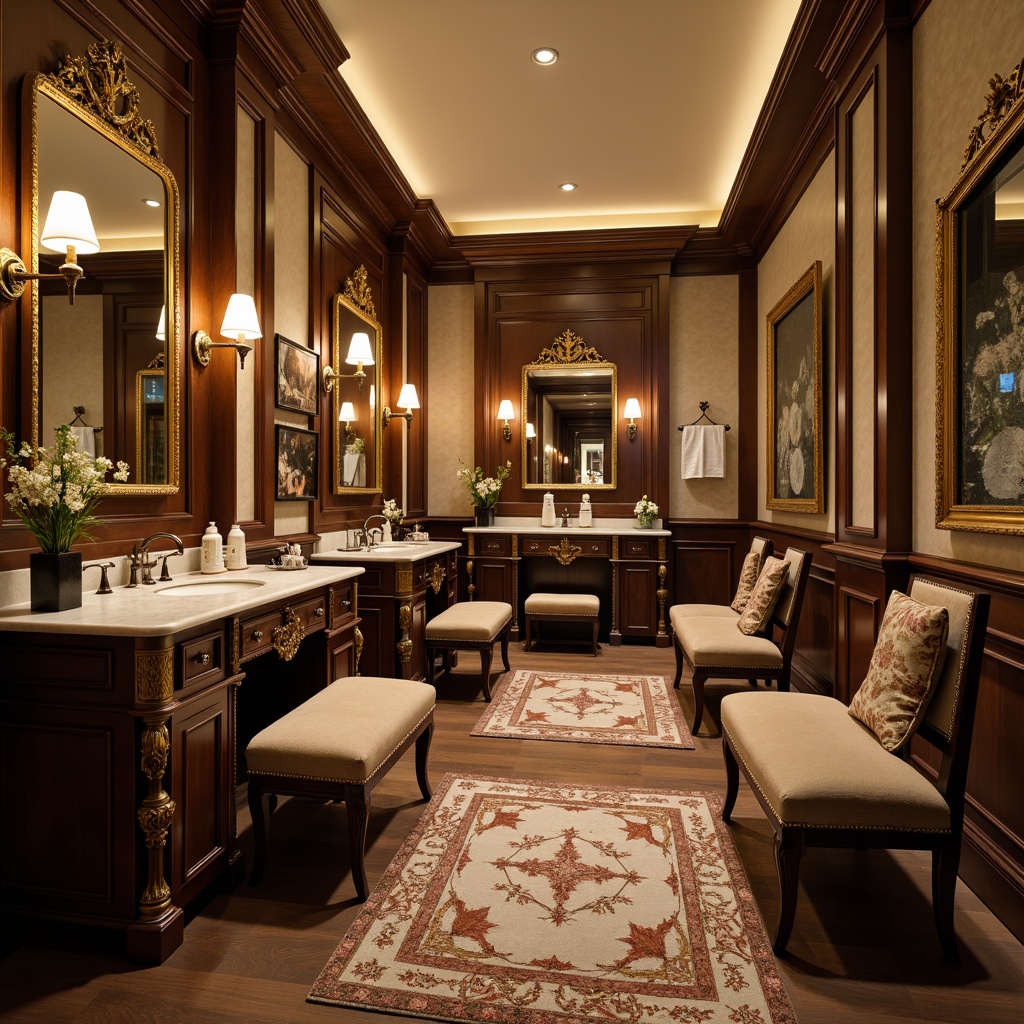 Prompt: Luxurious powder room, ornate mirrors, elegant lighting fixtures, plush area rugs, velvet upholstered benches, antique vanity tables, intricately carved wooden cabinets, marble countertops, gold accents, soft warm glow, intimate ambiance, cozy seating areas, luxurious textiles, subtle patterns, 3/4 composition, shallow depth of field, realistic reflections.