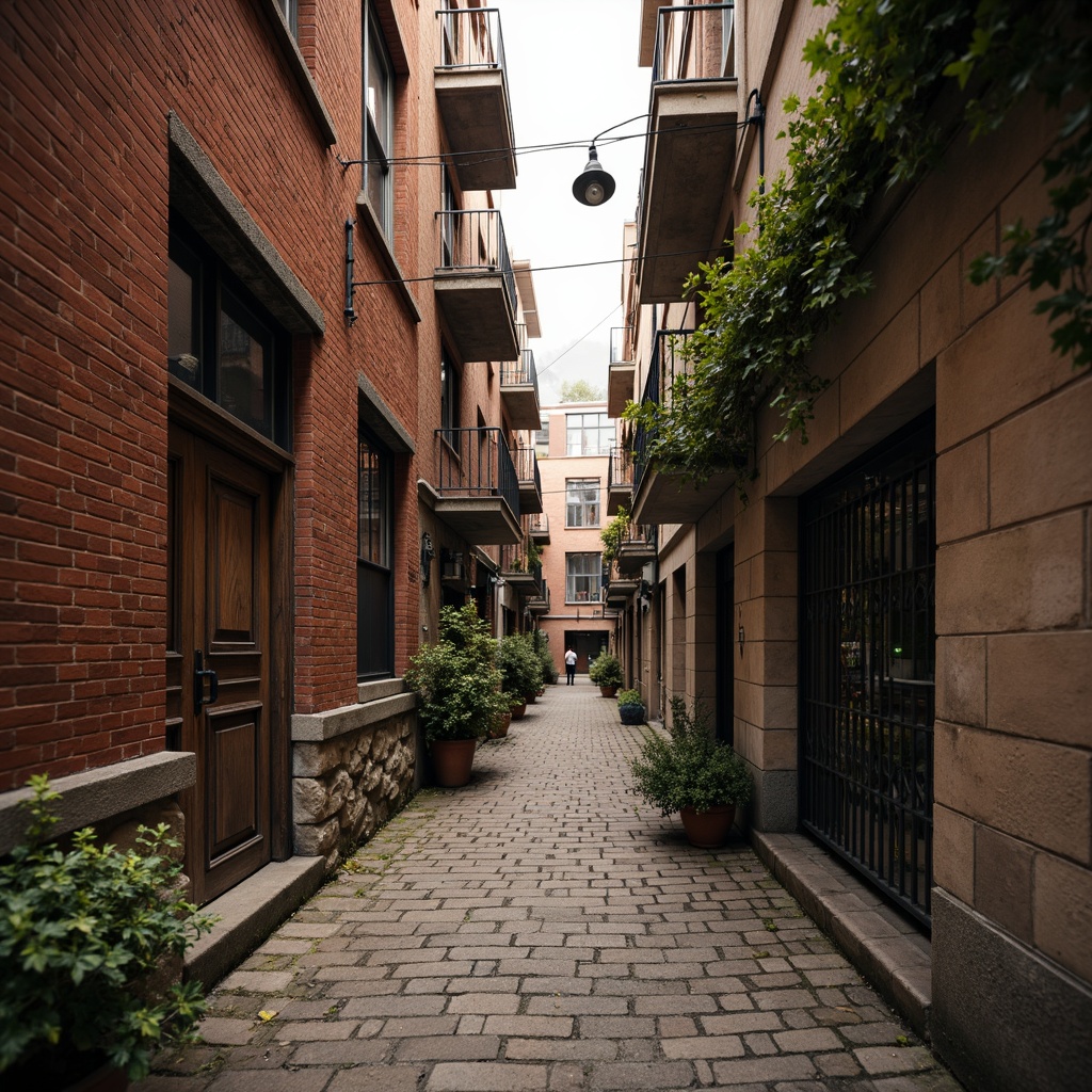 Prompt: Rustic urban alleyway, distressed brick walls, worn mortar joints, earthy red tones, rough-hewn stone foundations, ivy-covered facades, ornate metal doorways, vintage street lamps, misty morning atmosphere, soft warm lighting, shallow depth of field, 1/2 composition, realistic textures, ambient occlusion.