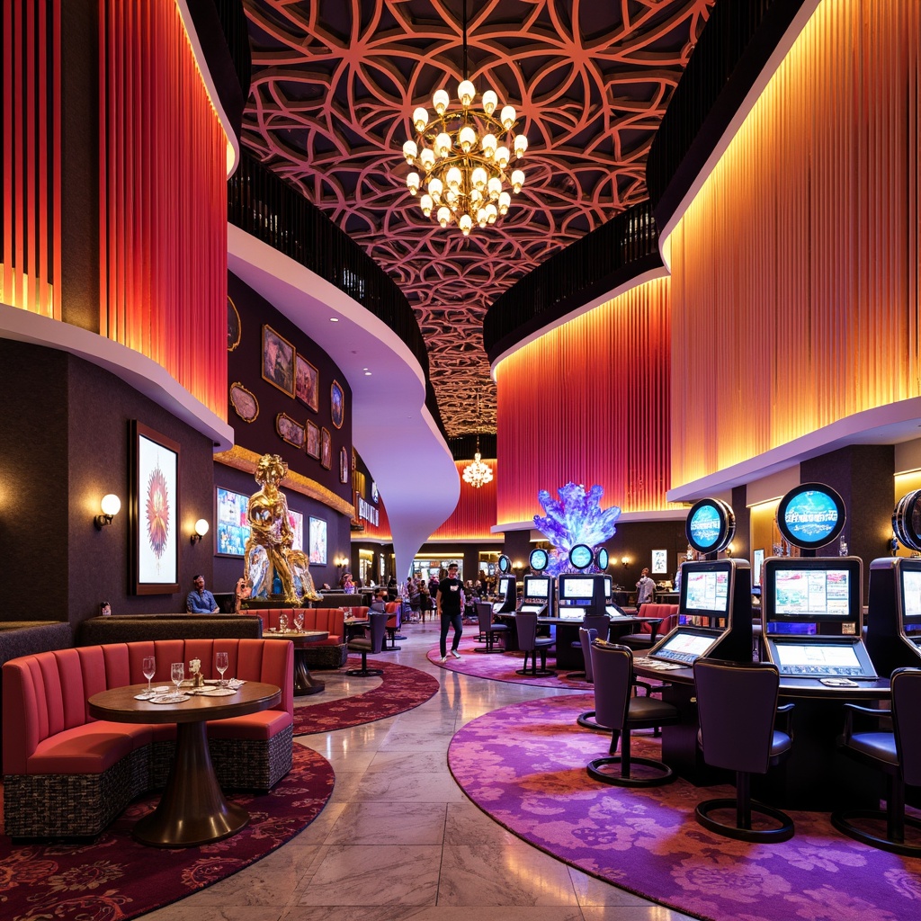 Prompt: Vibrant casino interior, postmodernist architecture, eclectic patterns, bold color schemes, neon lights, metallic accents, curved lines, ornate decorations, luxurious furnishings, velvet drapes, marble floors, lavish chandeliers, oversized artwork, abstract sculptures, dynamic lighting effects, 1/1 composition, shallow depth of field, realistic textures, ambient occlusion.