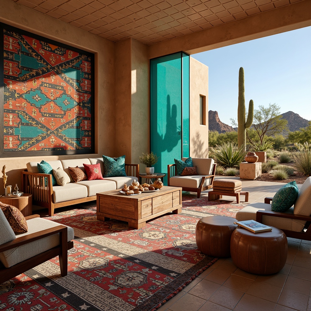 Prompt: Vibrant turquoise accents, bold geometric patterns, rustic adobe walls, warm earthy tones, traditional Native American motifs, colorful woven blankets, plush kilim pillows, intricate Aztec-inspired rugs, natural fiber upholstery, distressed leather armchairs, wooden furniture with ornate carvings, statement lighting fixtures, modern Southwestern architecture, vast open spaces, arid desert landscapes, majestic saguaro cacti, clear blue skies, warm golden lighting, shallow depth of field, 1/1 composition, realistic textures.