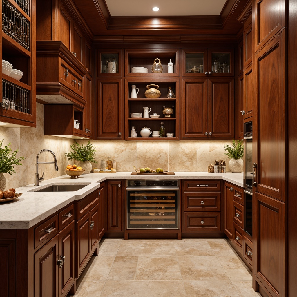 Prompt: Rich wood tones, Asian-inspired cabinetry, ornate carvings, lacquered finishes, intricate hardware, warm ambient lighting, natural stone countertops, soft-close drawers, pull-out pantry organizers, adjustable shelving, tambour doors, exotic hardwoods, subtle aromas, serene atmosphere, modern minimalist design, handle-free cabinets, recessed handles, satin nickel accents, LED lighting strips, floor-to-ceiling storage, custom inserts, Wenge wood, Shaker-style simplicity.