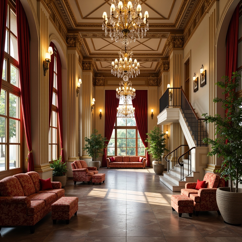 Prompt: Elegant community center, neoclassical architecture, ornate columns, intricate moldings, luxurious fabrics, velvet drapes, silk upholstery, rich brocade patterns, golden accents, crystal chandeliers, marble flooring, grand staircases, sweeping archways, soft warm lighting, 1/1 composition, shallow depth of field, realistic textures, ambient occlusion.