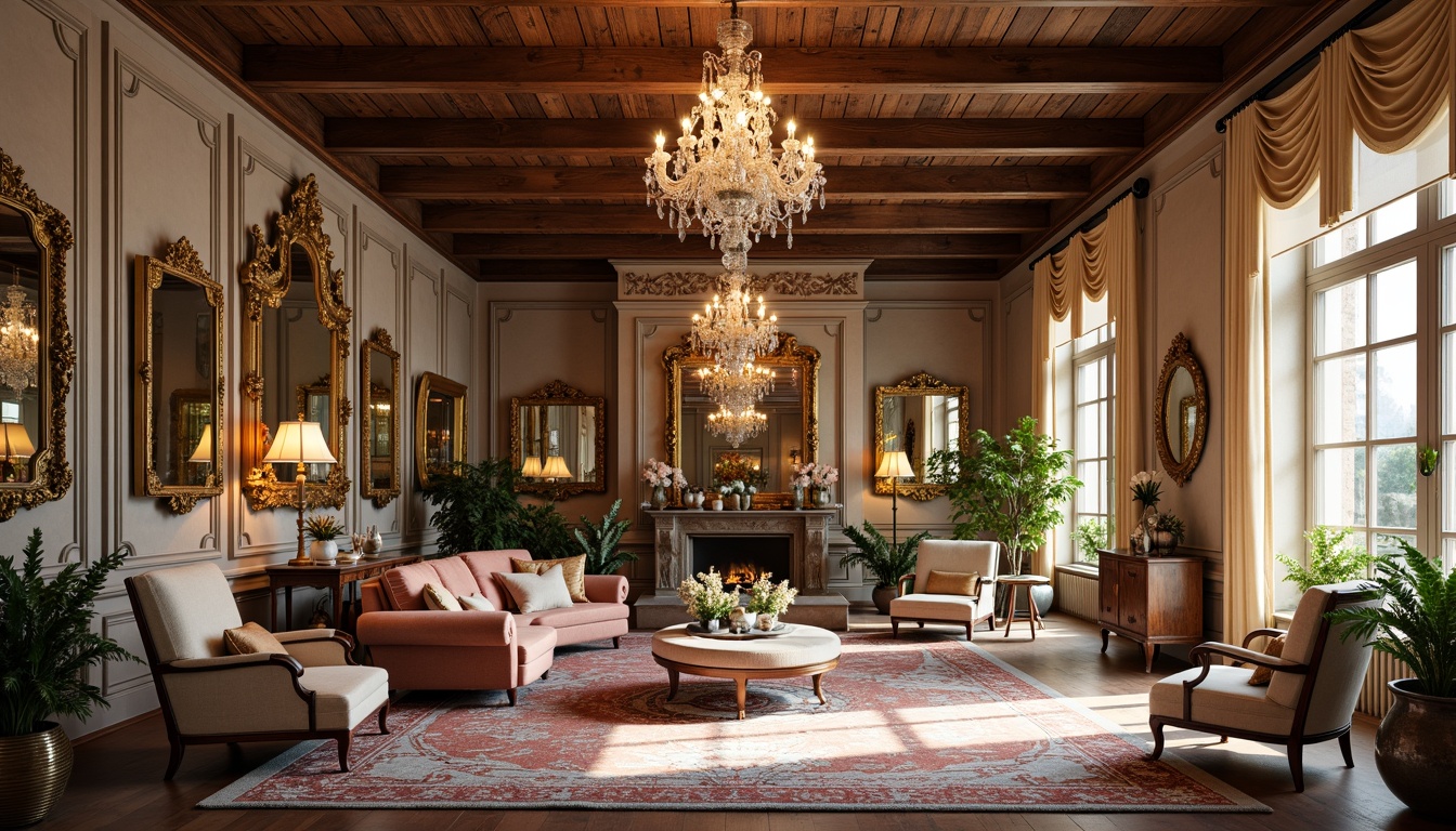 Prompt: Opulent Rococo loft, lavish furnishings, ornate mirrors, gilded frames, velvet sofas, intricately carved wooden chairs, crystal chandeliers, luxurious rugs, rich fabrics, golden accents, soft pastel colors, dramatic drapery, grandiose scale, elegant lines, refined textures, warm candlelight, 1/1 composition, shallow depth of field, realistic reflections.