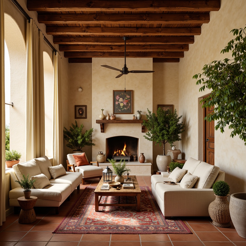 Prompt: Warm Mediterranean apartment, creamy stucco walls, rustic wooden beams, terracotta floors, plush area rugs, comfortable sectional sofas, distressed wood coffee tables, ornate metal lanterns, soft billowy curtains, lush greenery, potted olive trees, vibrant ceramic vases, colorful woven baskets, natural stone fireplaces, warm golden lighting, cozy reading nooks, inviting ambiance, 1/1 composition, shallow depth of field, realistic textures.