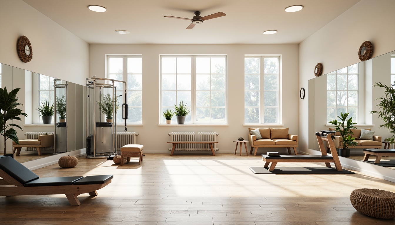 Prompt: Minimalist home gym, light-filled space, Nordic-inspired decor, wooden flooring, white walls, sleek fitness equipment, modern exercise machines, free weights, yoga mats, mirrored walls, large windows, natural daylight, cozy reading nook, comfortable seating area, calming color scheme, soft warm lighting, shallow depth of field, 3/4 composition, realistic textures, ambient occlusion.