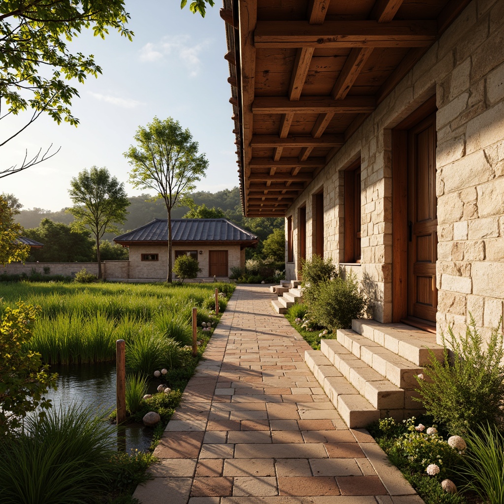 Prompt: Rustic farmhouse, natural stone walls, textured plaster finishes, earthy color palette, wooden accents, traditional Asian-inspired roofing, clay tiles, lush greenery, paddy fields, serene countryside, warm golden lighting, shallow depth of field, 1/2 composition, realistic textures, ambient occlusion, subtle weathering effects.