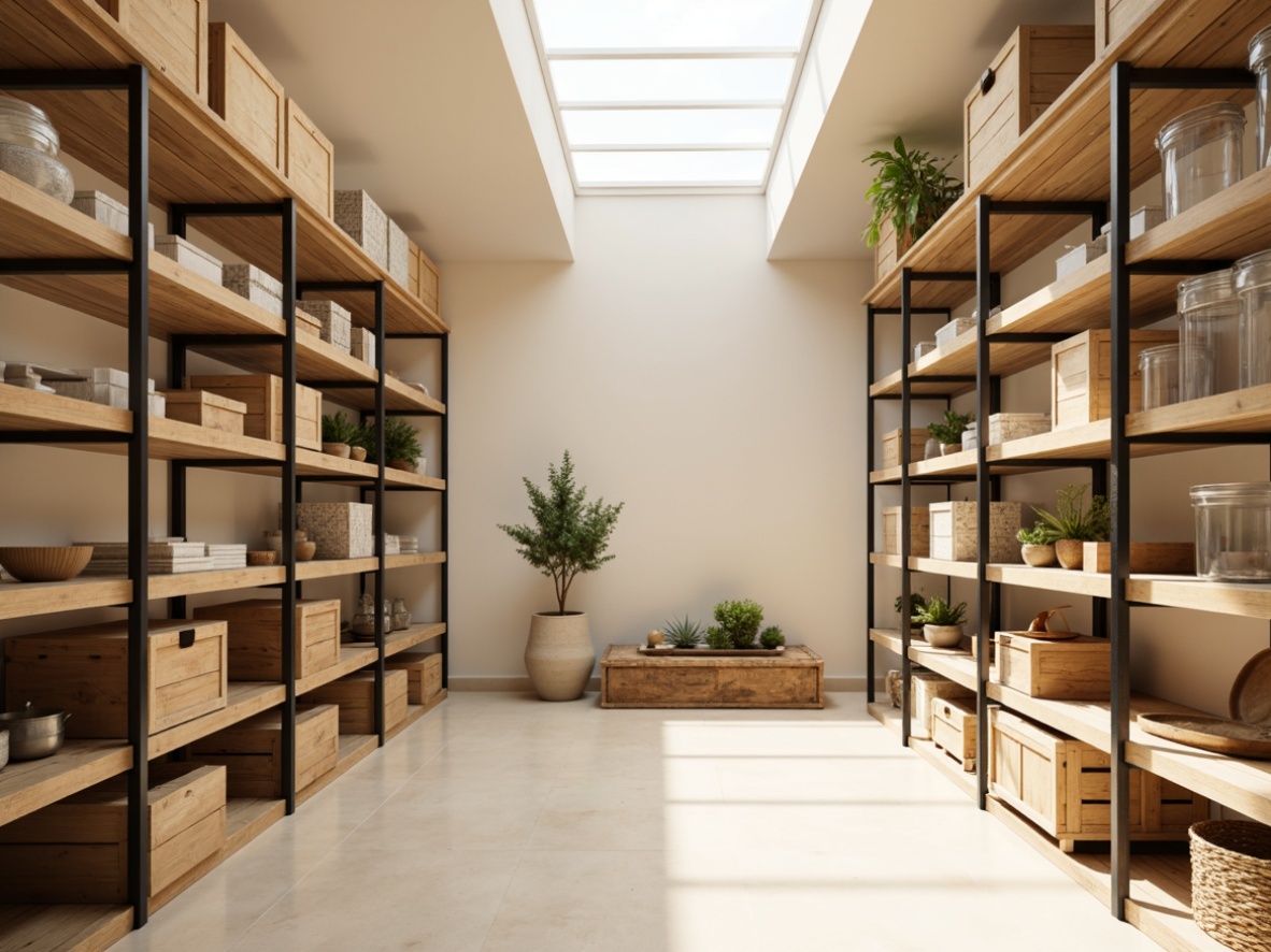 Prompt: Minimalist storage room, industrial metal shelves, transparent glass containers, natural wood crates, warm beige walls, soft cream-colored floors, large skylight windows, diffused sunlight, subtle shadows, 1/1 composition, shallow depth of field, realistic textures, ambient occlusion, modern minimalist decor, functional storage solutions, rustic wooden accents, earthy color palette, cozy atmosphere.