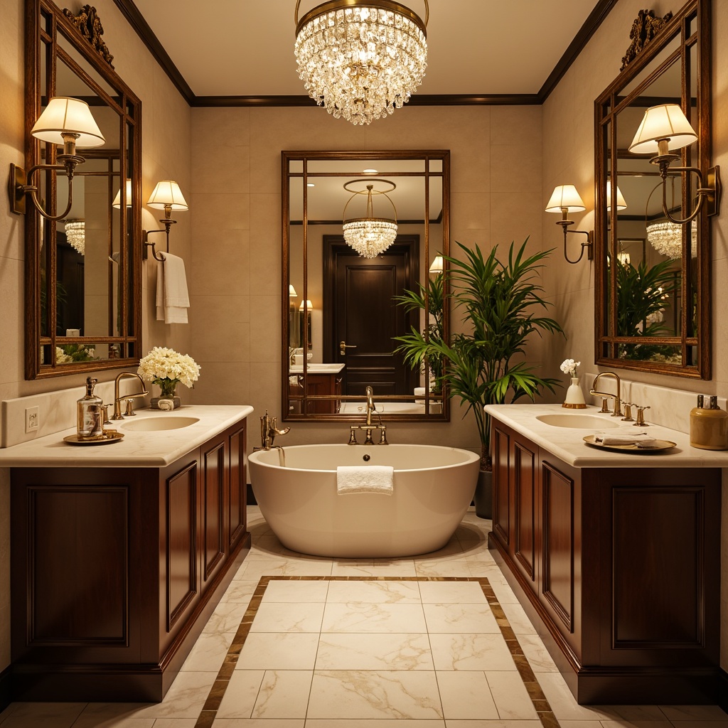 Prompt: Elegant powder room, luxurious vanity area, ornate mirrors, crystal chandeliers, soft warm glow, table lamps, metallic fixtures, frosted glass shades, creamy marble countertops, rich wood cabinetry, subtle LED strips, ambient illumination, 1/1 composition, shallow depth of field, realistic reflections, high-contrast lighting.