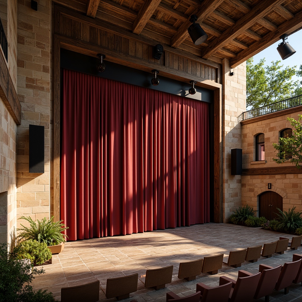 Prompt: Earthy performing arts center, natural stone walls, reclaimed wood accents, warm beige tones, rich brown colors, earthy red hues, vintage metal fixtures, distressed wooden floors, rustic wooden beams, dimmable stage lighting, soft golden spotlights, cozy audience seating, plush crimson velvet curtains, ornate wooden paneling, decorative metal railings, aged brick exterior, lush greenery surroundings, sunny afternoon, warm natural light, shallow depth of field, 2/3 composition, cinematic perspective.