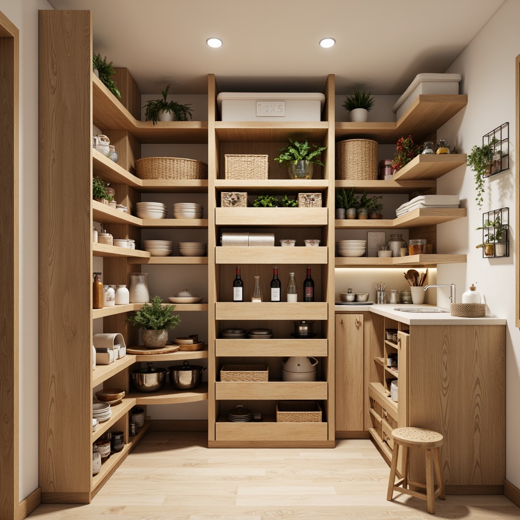 Prompt: Cozy pantry, compact shelving units, adjustable storage racks, baskets with lids, stackable containers, label maker, spice carousel, lazy Susan corner shelves, wall-mounted pot racks, retractable step stool, soft-close drawers, LED lighting strips, warm beige color scheme, natural wood grain accents, modern minimalist design, 1/1 composition, realistic textures, ambient occlusion.