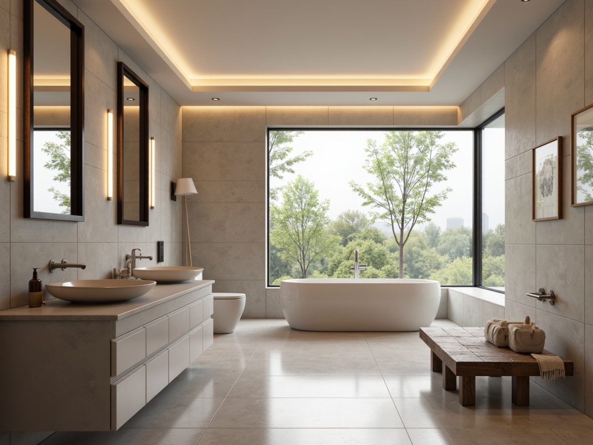 Prompt: Modern bathroom, clean lines, minimal decor, functional storage, wall-mounted cabinets, LED lighting, large mirrors, freestanding tubs, rain showerheads, handheld showers, heated floors, ambient watercolor, soft warm glow, shallow depth of field, 1/1 composition, realistic textures, subtle reflections.