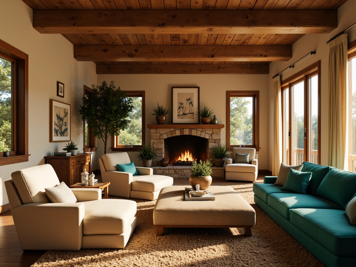 Prompt: Cozy family room, warm beige walls, rich walnut wood furniture, plush velvet sofas, soft golden lighting, comfortable earthy tones, vibrant turquoise accents, natural stone fireplace, rustic wooden beams, casual laid-back atmosphere, intimate gathering space, warm sunny day, soft focus, shallow depth of field, 2/3 composition, inviting textures, subtle shadows.