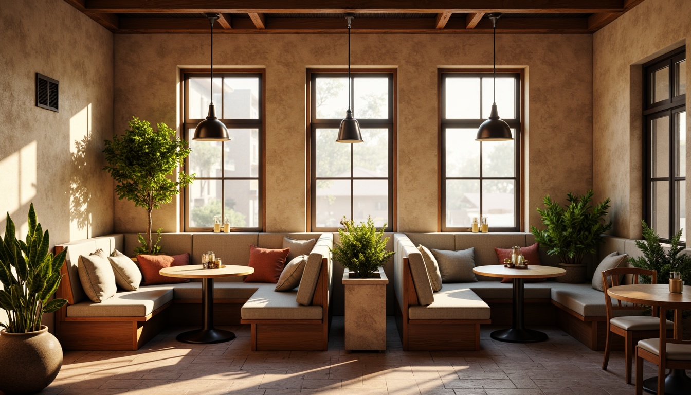 Prompt: Cozy breakfast nook, warm beige walls, rich wood tones, comfortable seating, soft cushions, round tables, vintage-inspired lighting fixtures, metal shades, industrial-style pendant lights, exposed brick accents, natural stone floors, earthy color palette, warm morning sunlight, softbox lighting, 1/1 composition, shallow depth of field, realistic textures.