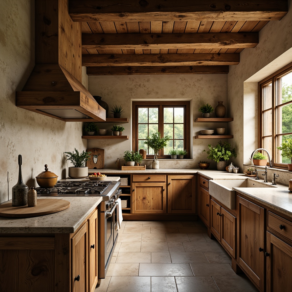 Prompt: Rustic kitchen, natural stone countertops, earthy tones, wooden cabinetry, vintage appliances, farmhouse sink, exposed beams, distressed finishes, soft warm lighting, shallow depth of field, 3/4 composition, realistic textures, ambient occlusion, traditional architecture, cozy atmosphere, warm color palette, natural materials, organic shapes, earth-inspired design.