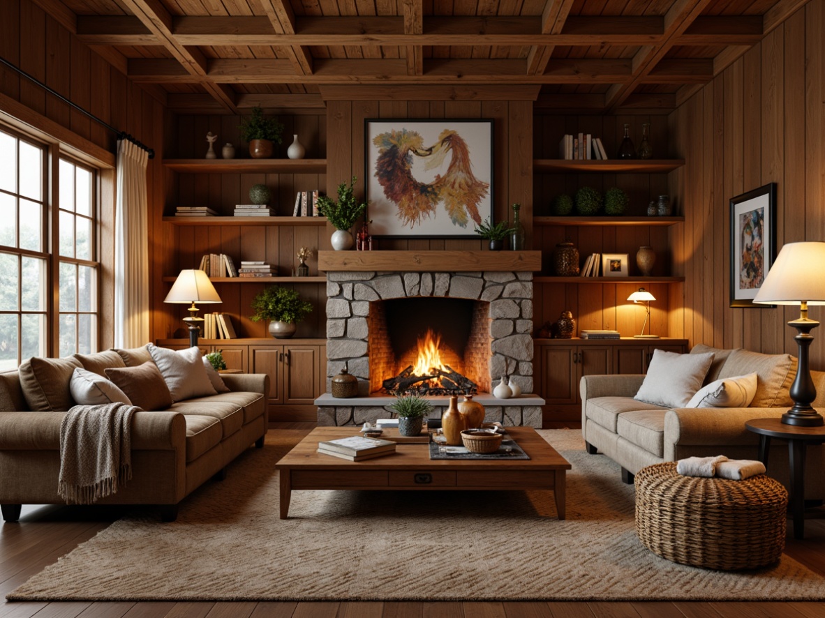 Prompt: Warm cabin-style living room, plush velvet sofa, distressed wooden coffee table, woven rattan armchairs, soft cashmere throw blankets, vintage metal lamps, natural stone fireplace, earthy tone walls, cozy reading nook, oversized pillows, rich leather accents, warm beige rug, crackling fire, golden hour lighting, shallow depth of field, 1/2 composition, inviting textures, ambient occlusion.