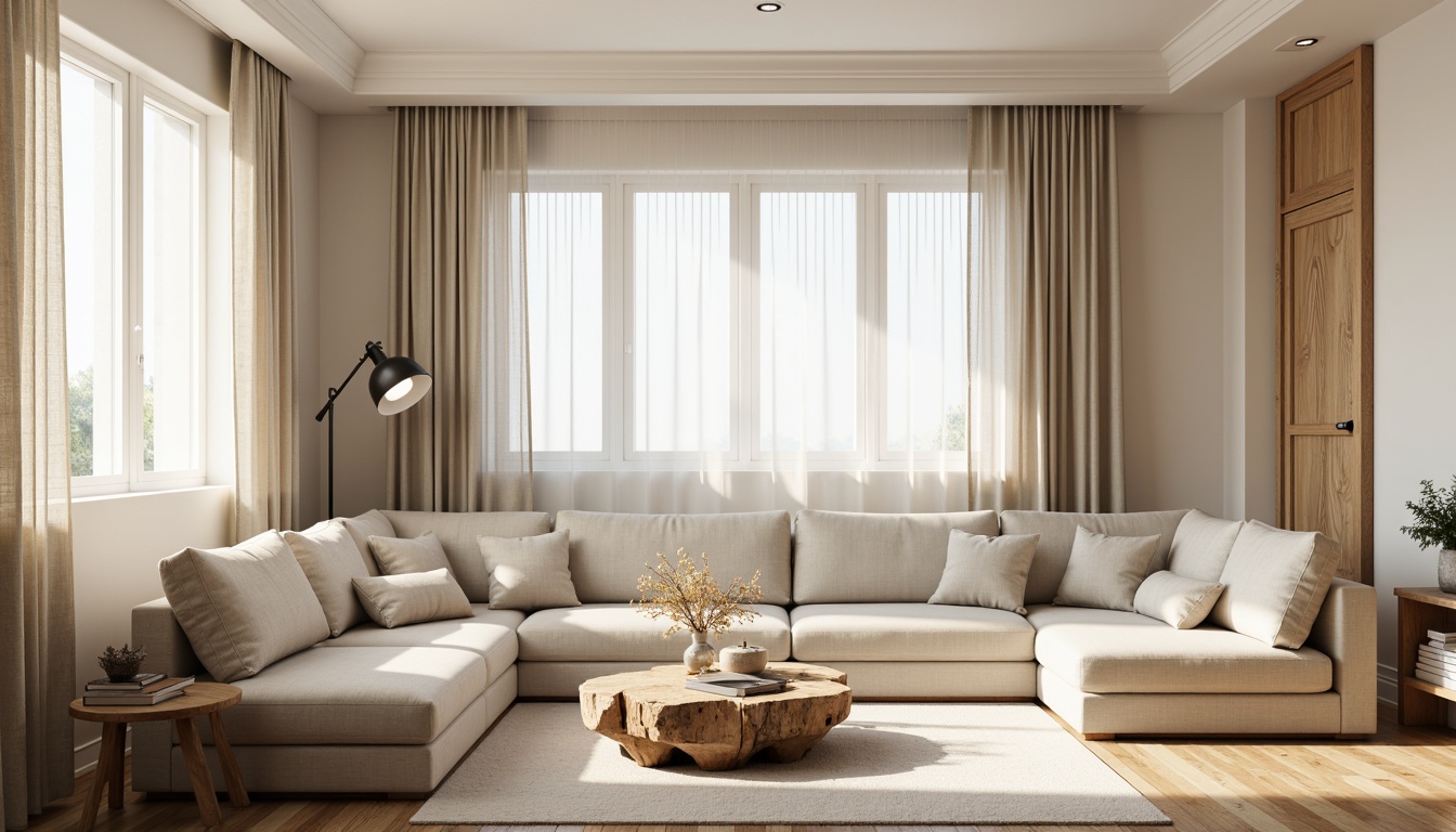 Prompt: Cozy living room, soft warm lighting, natural materials, wooden accents, minimal ornamentation, functional simplicity, Nordic-inspired furniture, creamy whites, pale woods, gentle pastels, subtle texture contrasts, layered window treatments, sheer curtains, linen fabrics, organic shapes, rounded edges, industrial-chic metal fixtures, warm beige tones, inviting atmospheres, relaxed compositions, 1/2 composition, soft focus, atmospheric lighting, realistic wood textures.