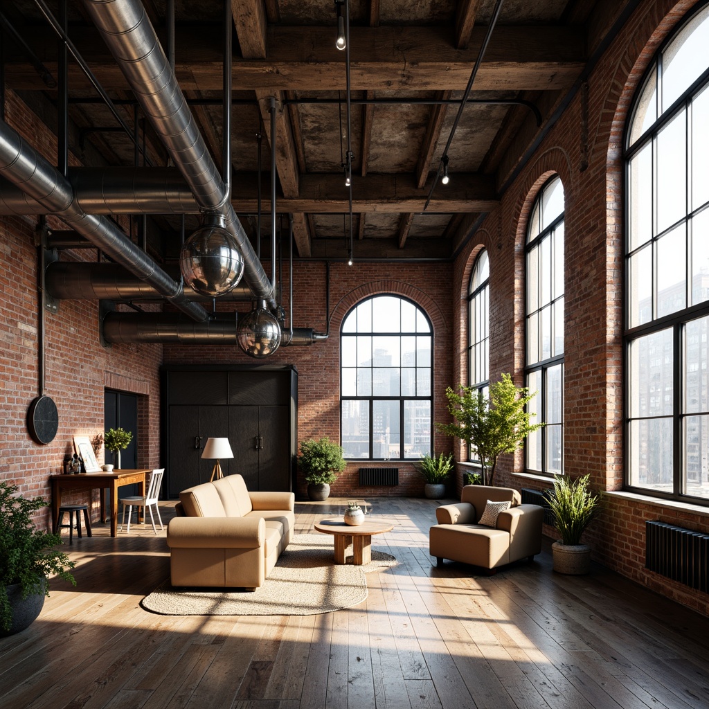 Prompt: Industrial warehouse, exposed brick walls, metallic accents, steel beams, polished chrome fixtures, reclaimed wood floors, urban loft atmosphere, moody lighting, dramatic shadows, warm neutral tones, industrial chic decor, distressed metal textures, edgy modern furniture, functional minimalism, open floor plan, airy high ceilings, natural light pouring in, 3/4 composition, shallow depth of field, realistic reflections.