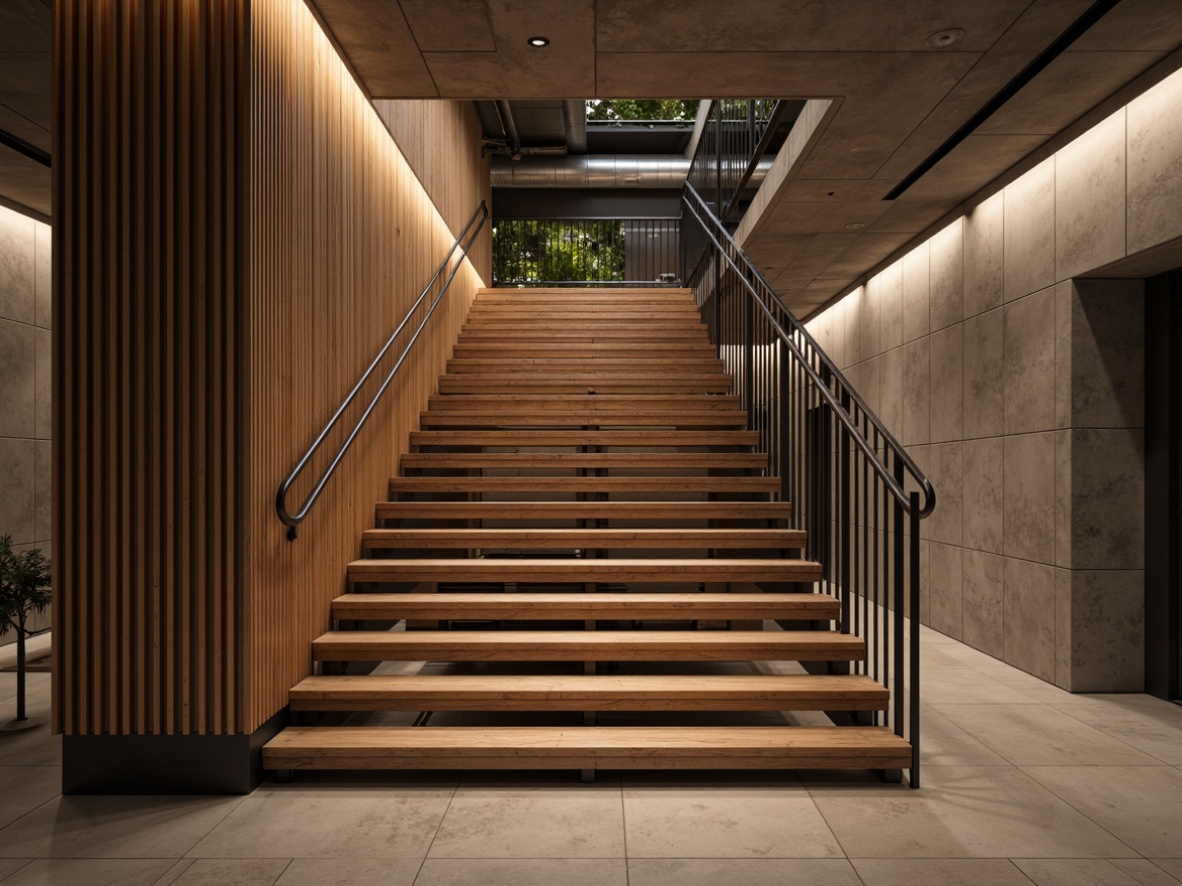 Prompt: Luxurious staircase, sleek metal handrails, polished wood steps, minimalist design, open risers, floating treads, modern architectural details, industrial chic aesthetic, exposed ductwork, concrete walls, reclaimed wood accents, LED strip lighting, warm ambient glow, shallow depth of field, 2/3 composition, dramatic shadows, realistic textures, subtle gradient effects.