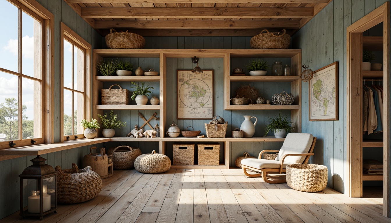 Prompt: Coastal storage room, weathered wood shelving, distressed finishes, nautical rope details, ocean-inspired color palette, sandy beige tones, soft blue hues, natural textures, woven baskets, driftwood accents, vintage marine equipment, antique maps, rustic metal lanterns, warm golden lighting, shallow depth of field, 1/1 composition, realistic wood grain, ambient occlusion.