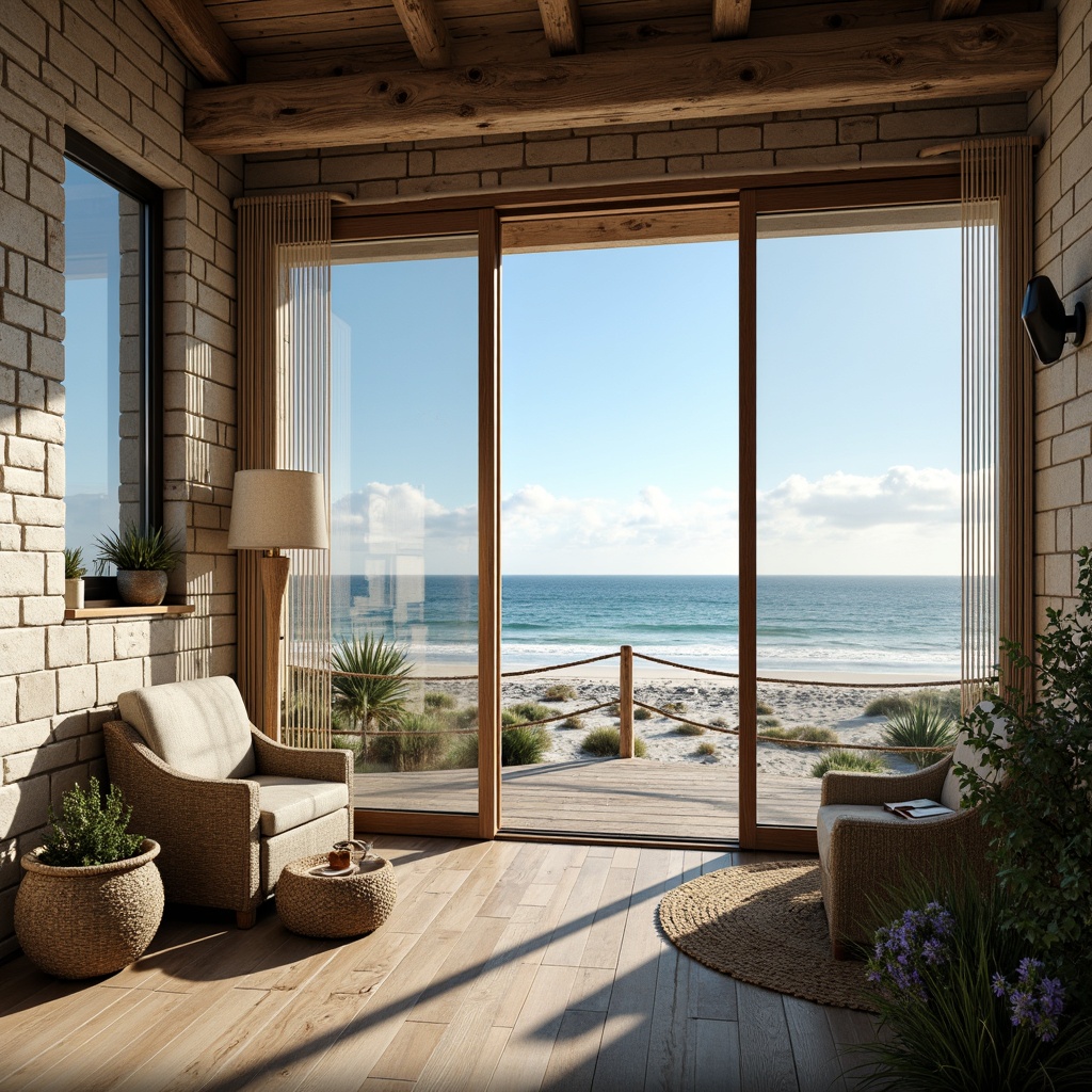 Prompt: \Serene oceanfront setting, sandy shoreline, driftwood accents, weathered stone walls, nautical rope decorations, beachy vibe, calming blue hues, natural textures, reclaimed wood floors, large windows, sliding glass doors, stunning sea views, sunny day, soft warm lighting, shallow depth of field, 3/4 composition, panoramic view, realistic reflections, ambient occlusion, cozy reading nooks, plush ocean-inspired furnishings.\