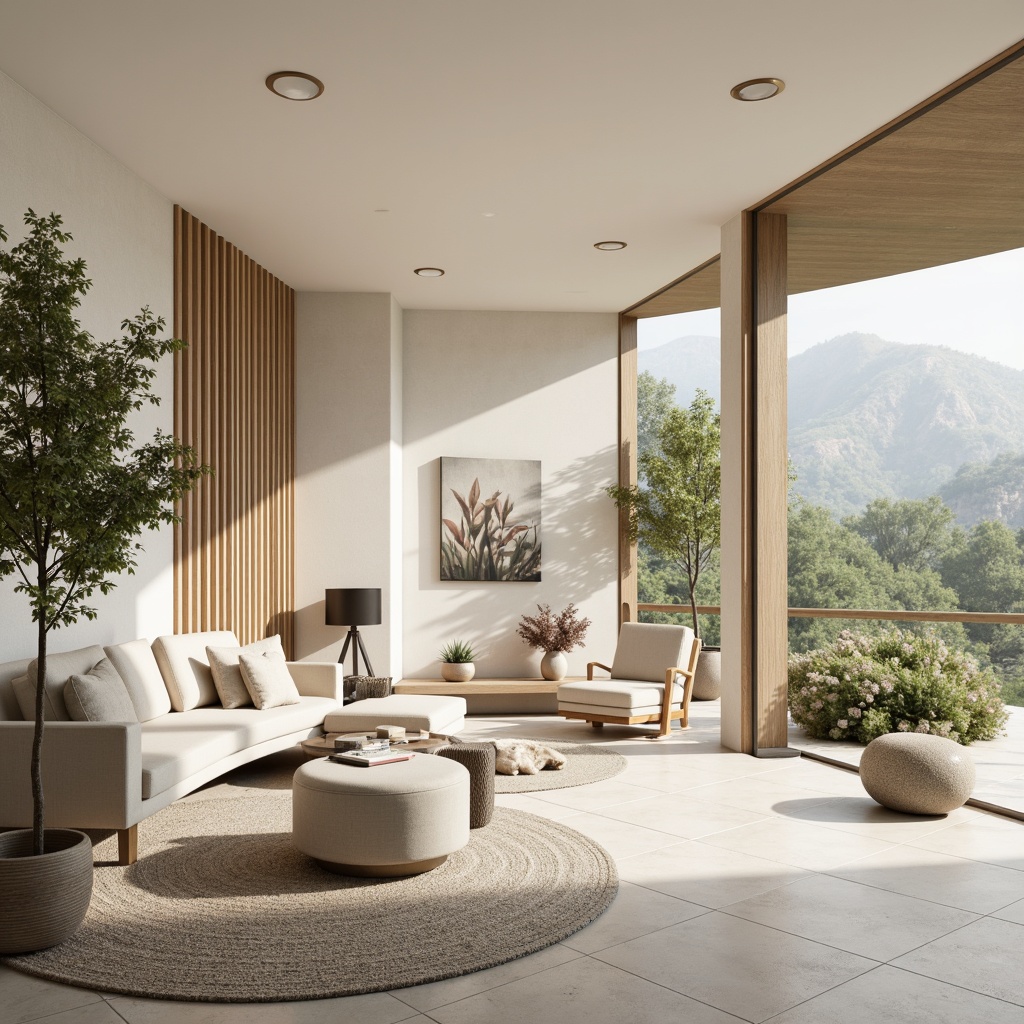 Prompt: Monochromatic interior design, soothing pastel hues, creamy whites, warm beige tones, rich wood accents, metallic gold fixtures, natural stone textures, plush area rugs, minimalist furniture, elegant curves, abundant greenery, floor-to-ceiling windows, soft diffused lighting, 1/2 composition, atmospheric perspective, subtle color gradations.