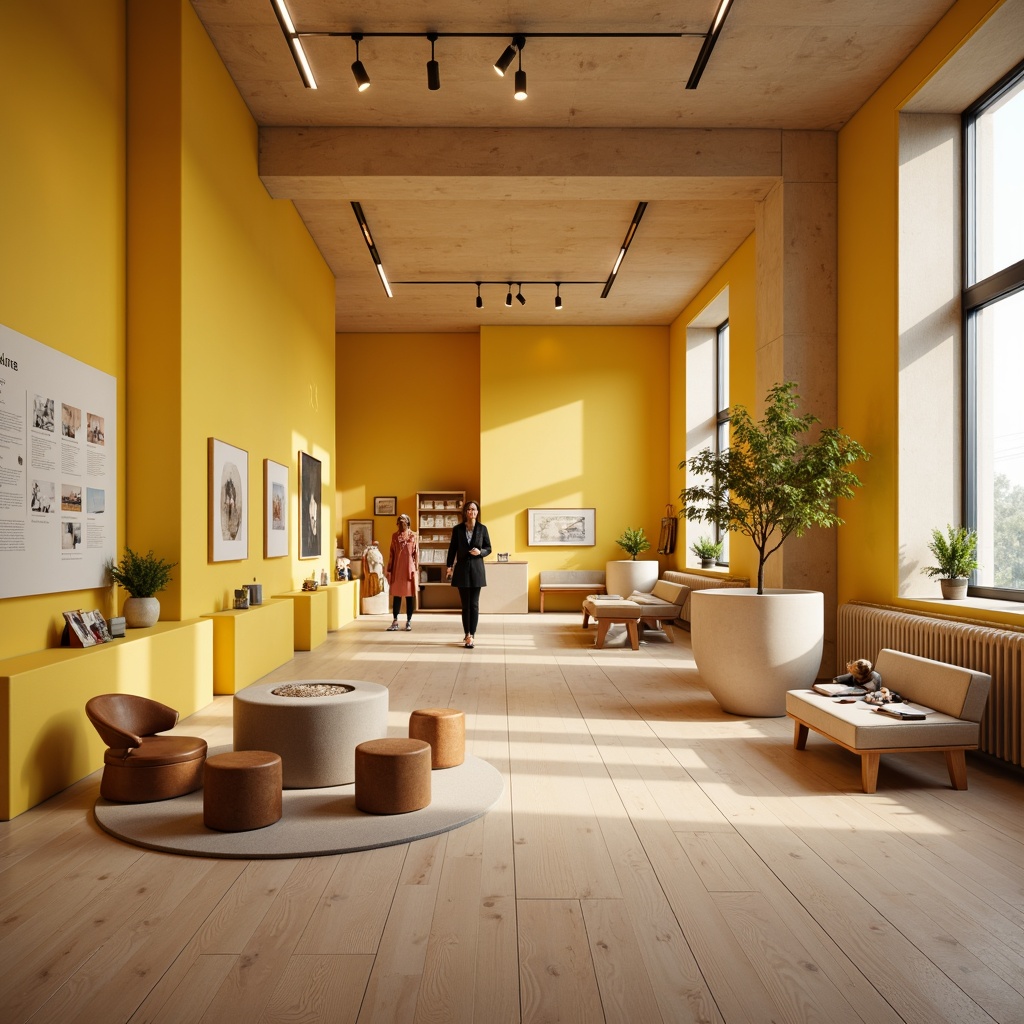 Prompt: Bright Scandinavian museum interior, warm yellow accent walls, natural wood flooring, minimalist exhibit displays, geometric shapes, Nordic-inspired furniture, soft diffused lighting, subtle shadows, 1/1 composition, realistic textures, ambient occlusion, calm atmosphere, educational signage, interactive exhibits, modern art pieces, cultural artifacts, cozy reading nooks, comfortable seating areas.