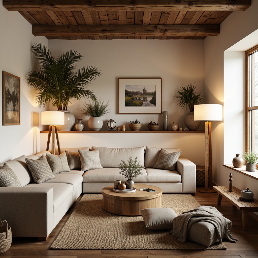 Prompt: Cozy family room, soft warm lighting, rustic wooden accents, creamy white walls, natural textiles, plush sofas, woven baskets, vintage decorative items, candles, floor lamps, table lamps, pendant lights, warm beige tones, gentle shadows, soft focus, 1/1 composition, intimate atmosphere, Nordic-inspired decor.