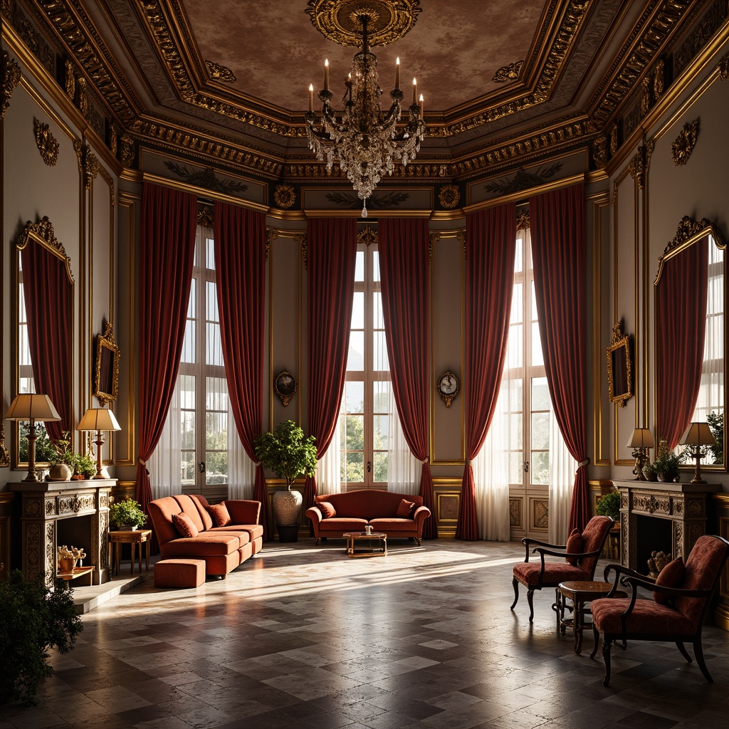 Prompt: Ornate Baroque palace, lavish furnishings, rich velvet drapes, intricately carved wooden panels, gilded ornaments, luxurious marble floors, ornamental mirrors, grandiose chandeliers, dramatic curtains, heavy brocade fabrics, metallic accents, rustic stone walls, aged leather upholstery, soft warm lighting, high contrast ratio, 1/1 composition, symmetrical framing, detailed textures, ambient occlusion.