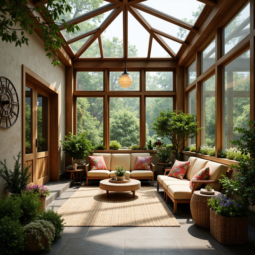 Prompt: Vibrant sunroom, lush greenery, natural stone flooring, wooden accents, cozy plush furniture, colorful throw pillows, rustic metal decorations, earthy tone walls, large skylights, warm soft lighting, shallow depth of field, 1/1 composition, realistic textures, ambient occlusion, blooming flowers, potted plants, wicker baskets, rattan furniture, natural fabric upholstery, subtle patterns, minimalist decor.