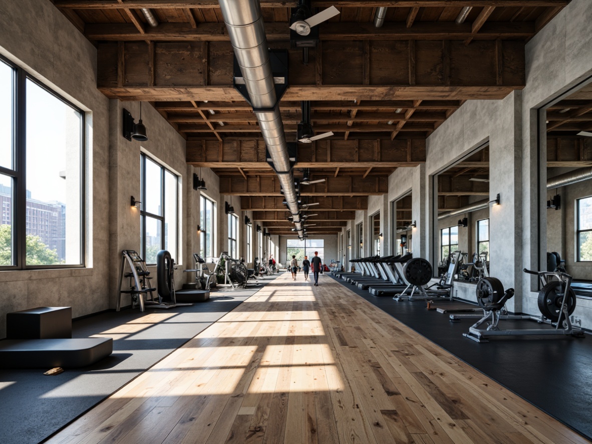 Prompt: Industrial-chic gym interior, distressed concrete walls, rustic metal beams, reclaimed wood flooring, textured rubber mats, modern exercise equipment, free weights, treadmills, mirrored walls, industrial-style lighting fixtures, exposed ductwork, urban cityscape views, natural light pouring in, high-ceiling space, dynamic composition, shallow depth of field, 1/2 camera angle, realistic material reflections.