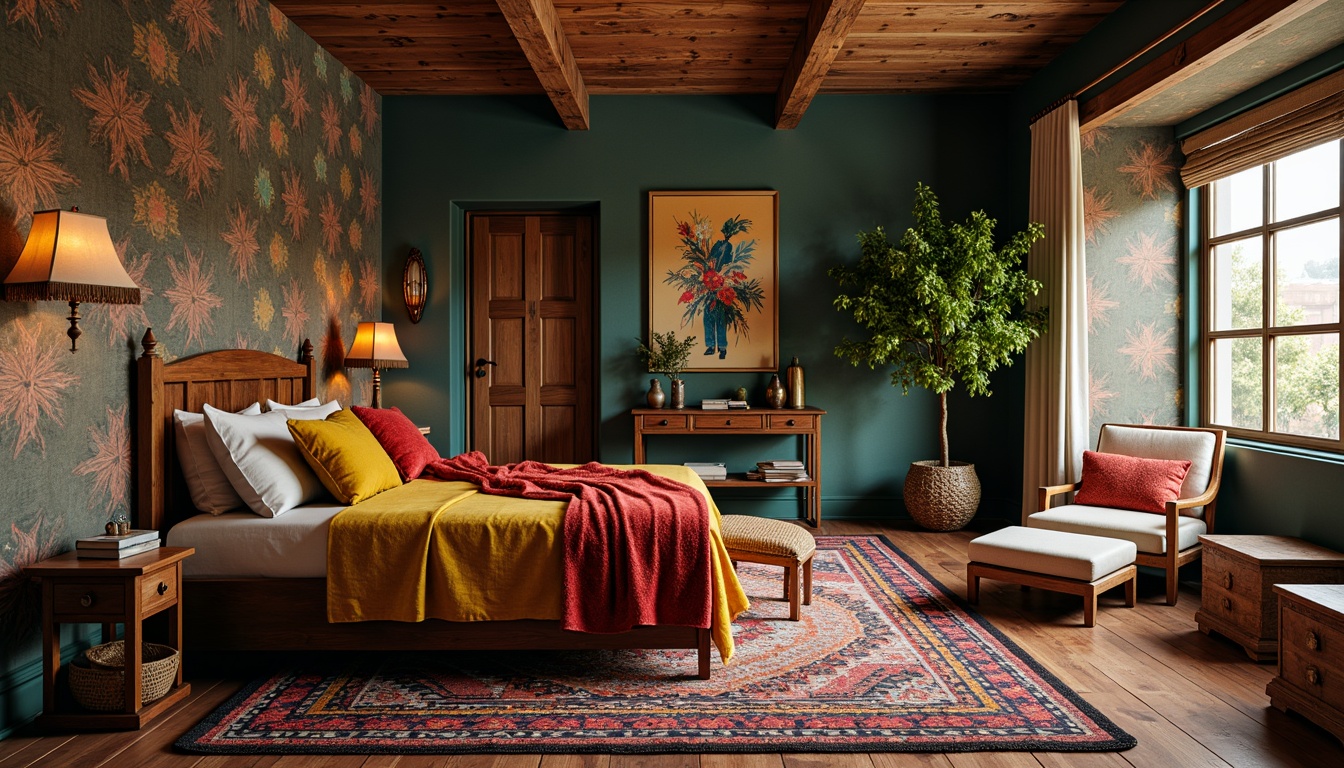 Prompt: Vibrant eclectic bedroom, rich velvet fabrics, bold patterned rugs, distressed wooden furniture, antique decorative pieces, eclectic artwork, abstract expressionist paintings, colorful Moroccan tiles, plush throw pillows, ornate metal lamps, warm golden lighting, cozy reading nook, lush greenery, natural woven baskets, global-inspired textiles, mixed metallic accents, soft pastel hues, moody dark shadows, 1/2 composition, atmospheric perspective, cinematic lighting, subtle noise textures.