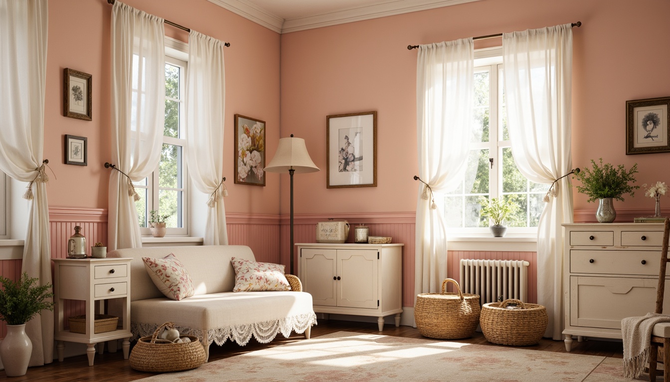 Prompt: Soft peach walls, distressed wood furniture, vintage decorative items, lace curtains, pastel pink accents, creamy white trim, rustic metal hardware, woven baskets, floral patterns, faded linen fabrics, warm beige carpets, natural light pouring in, gentle shadows, 1/1 composition, soft focus, dreamy atmosphere.