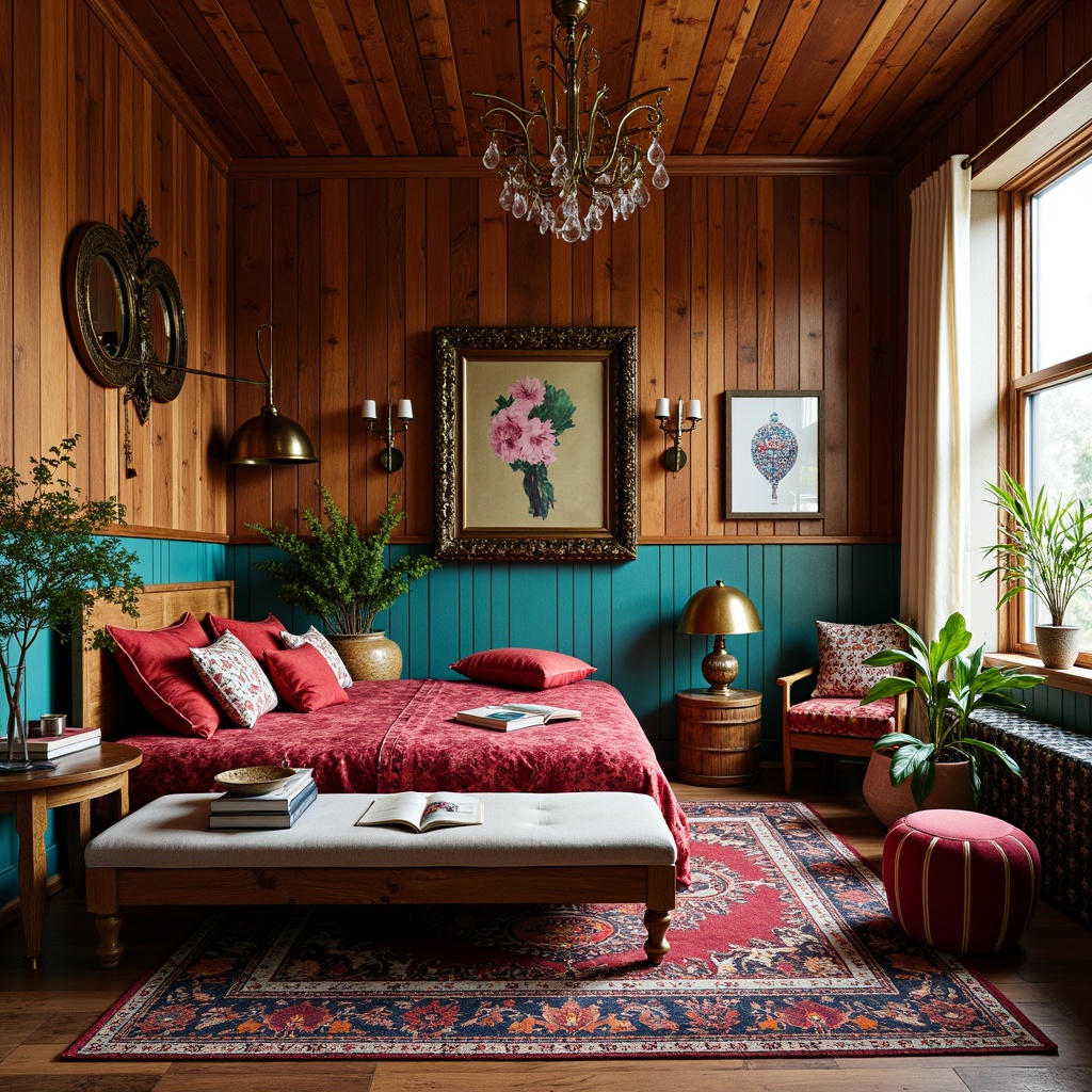 Prompt: Vibrant eclectic bedroom, rich wood tones, plush velvet fabrics, metallic accents, ornate mirrors, distressed finishes, global-inspired patterns, colorful Moroccan tiles, abstract artwork, unconventional furniture shapes, mixed metal and wood textures, cozy reading nook, statement lighting fixtures, bold color schemes, bohemian chic vibe, layered rugs, oversized plants, eclectic accessory collection, unique vintage finds, soft warm glow, intimate atmosphere, 1/1 composition, dramatic shadows, realistic reflections.