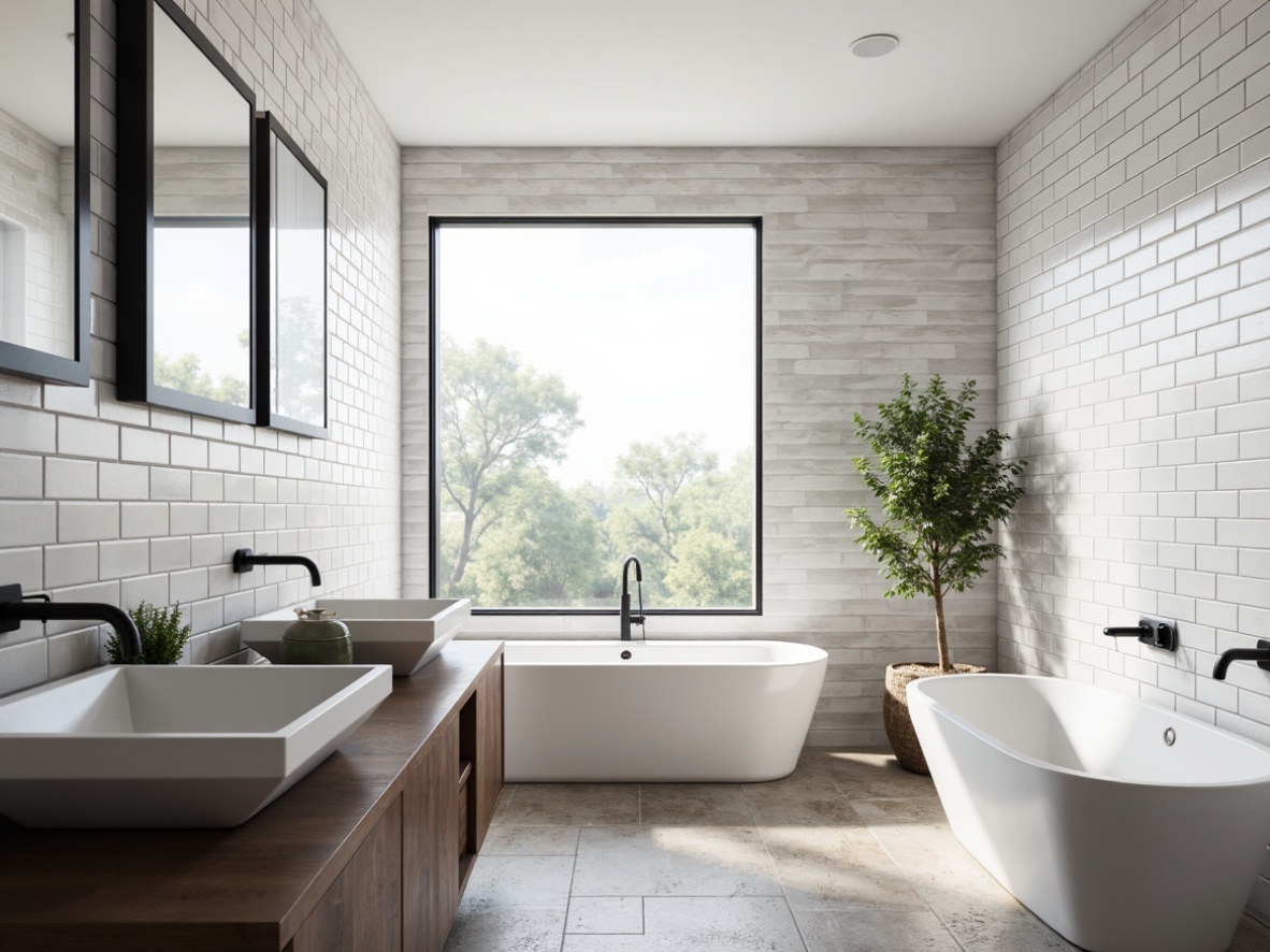 Prompt: Clean lines, minimalist decor, white subway tiles, industrial metal fixtures, geometric sink basins, rectangular mirrors, freestanding tubs, matte black faucets, natural stone flooring, monochromatic color scheme, ample natural light, softbox lighting, 1/1 composition, shallow depth of field, realistic textures, ambient occlusion.