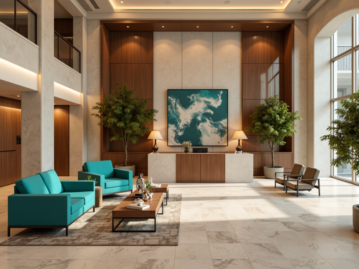 Prompt: Luxurious hotel lobby, sleek modern furniture, polished marble floors, metallic accents, minimalist decor, calming neutral tones, soft beige walls, rich wood panels, bold geometric patterns, vibrant turquoise accents, warm golden lighting, shallow depth of field, 1/1 composition, realistic textures, ambient occlusion.