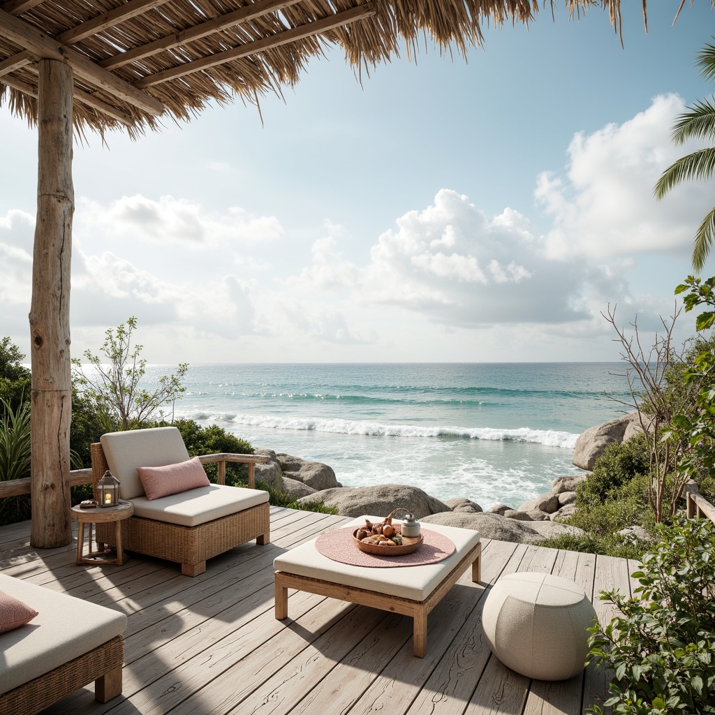 Prompt: Soothing oceanfront villa, weathered wooden decks, driftwood accents, sea-salt air, misty mornings, soft blue-grey skies, creamy whites, sandy neutrals, calming aqua hues, coral pink undertones, natural textiles, woven rattan furniture, distressed finishes, rustic metal lanterns, beachy vibes, warm sunny days, gentle ocean breezes, shallow depth of field, 1/2 composition, realistic wood grains, ambient occlusion.