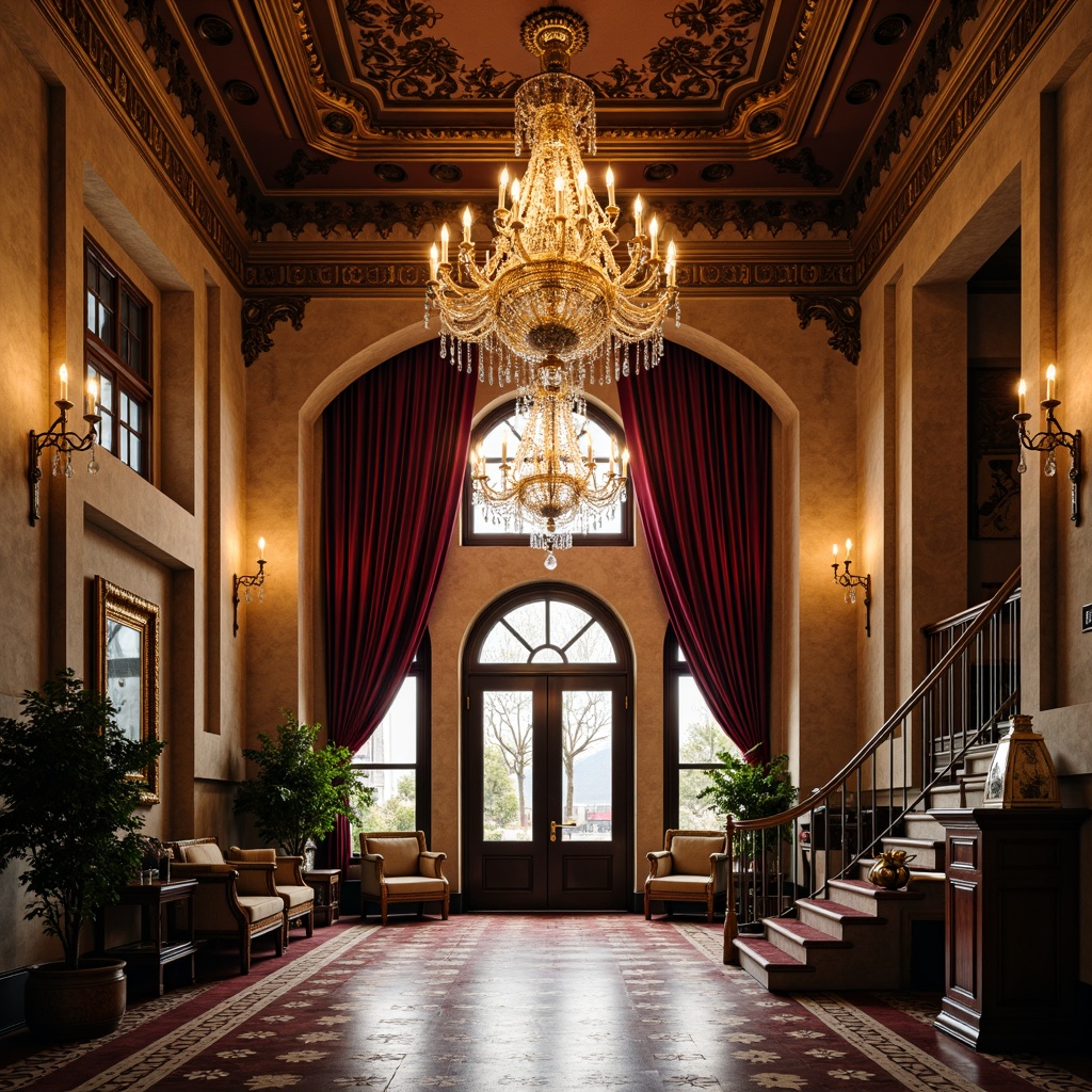 Prompt: Grand entrance hall, opulent chandelier, crystal droplets, intricately patterned floor tiles, richly ornate molding, luxurious velvet drapes, lavish furnishings, warm golden lighting, soft ambient glow, 1/1 composition, symmetrical arrangement, shallow depth of field, realistic textures, warm color palette, elegant Victorian architecture, imposing stone fa\u00e7ade, stained glass windows, ornate doorways, intricate wood carvings, majestic staircases.