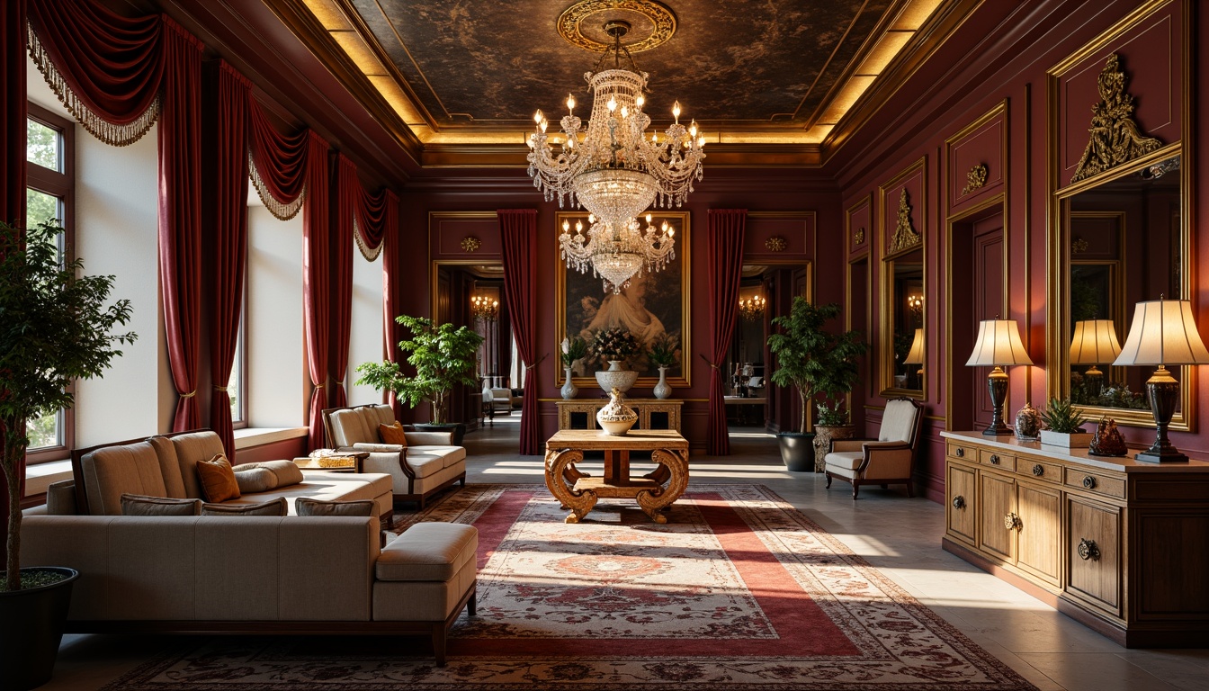 Prompt: Luxurious interior space, ornate furnishings, velvet drapes, golden frames, crystal chandeliers, marble countertops, polished metal accents, intricate carvings, plush area rugs, statement wallpaper, lavish upholstery, elegant vases, exotic plants, soft warm lighting, dramatic shadows, shallow depth of field, 1/1 composition, realistic textures, ambient occlusion.