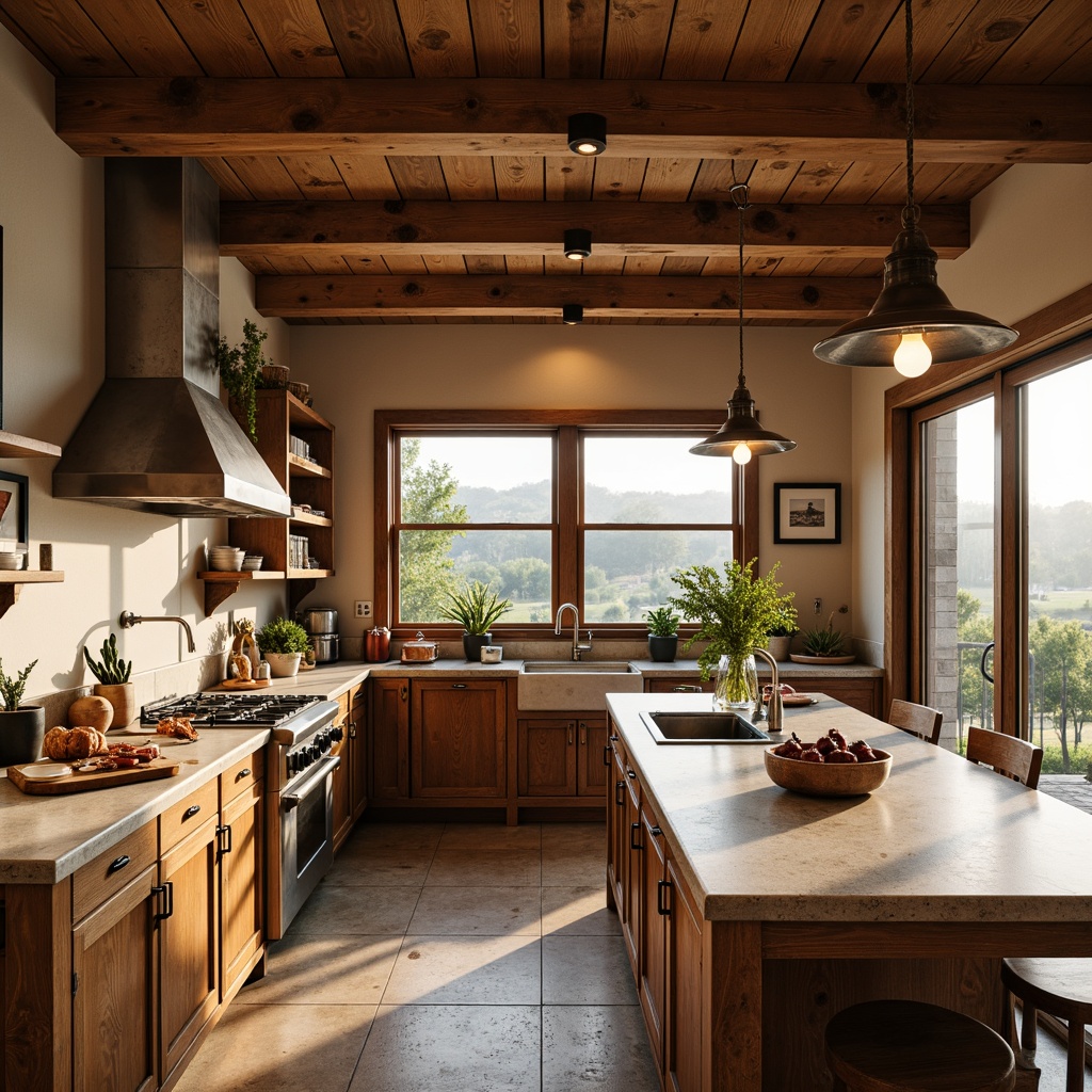 Prompt: Rustic kitchen, warm beige walls, wooden cabinets, granite countertops, earthy tones, pendant lamps, metal shades, industrial-style lighting, warm ambient glow, soft natural light, large windows, sliding glass doors, countryside views, farmhouse-inspired decor, vintage appliances, copper accents, distressed wood finishes, cozy breakfast nook, warm color palette, softbox lighting, 1/2 composition, realistic textures, subtle shadows.