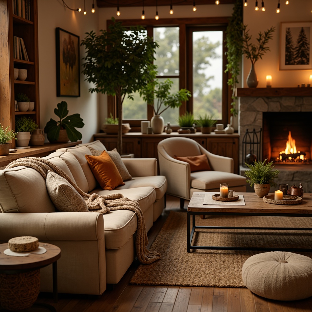 Prompt: Plush sectional sofa, warm beige upholstery, soft velvet pillows, rustic wooden coffee table, distressed metal legs, vintage decorative items, candlelit ambiance, woven jute rug, earthy tone walls, natural stone fireplace, crackling fire sounds, twinkling string lights, lush greenery, comfortable reading nook, oversized armchair, chunky knit blankets, warm golden lighting, shallow depth of field, 3/4 composition, inviting textures, ambient occlusion.