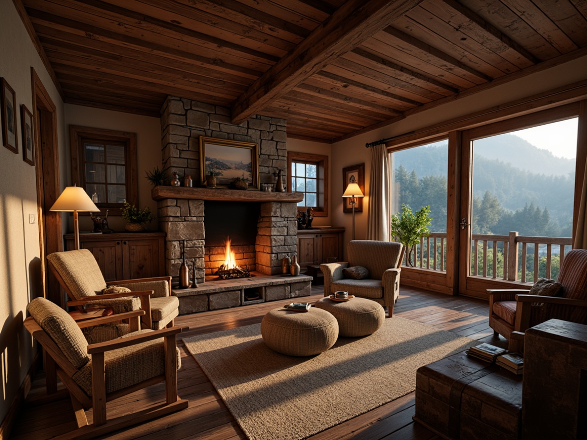 Prompt: Rustic wooden cabin, natural stone walls, earthy tones, vintage furniture, distressed textures, warm candlelight, cozy fireplace, woven blankets, antique decorative items, nostalgic memorabilia, scenic mountainous backdrop, misty morning atmosphere, soft golden lighting, shallow depth of field, 1/1 composition, realistic weathering effects, ambient occlusion.